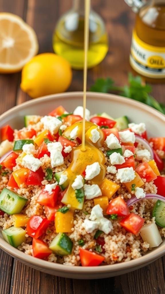A colorful Greek quinoa salad with cucumbers, tomatoes, onions, feta, and a zesty dressing on a wooden table.
